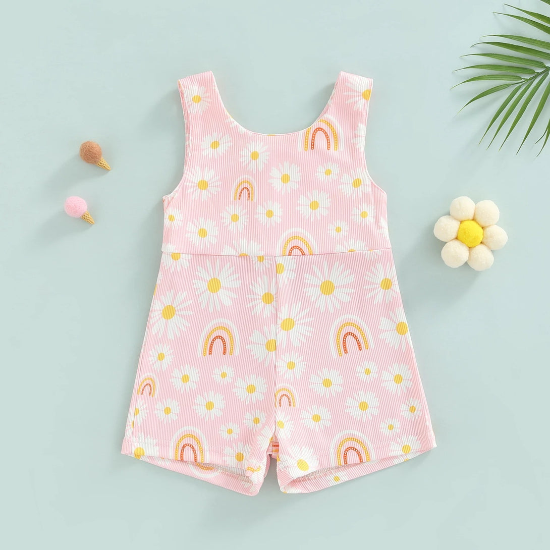 Flat lay of Pink ribbed baby romper with floral detail and zipper – soft and breathable – beekaaboo.com