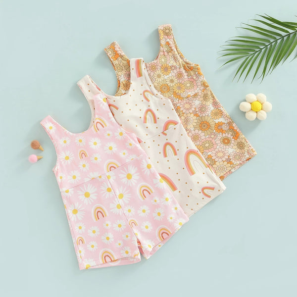 Display of all 3 color options – beige, pink, and orange – ribbed floral baby rompers – beekaaboo.com