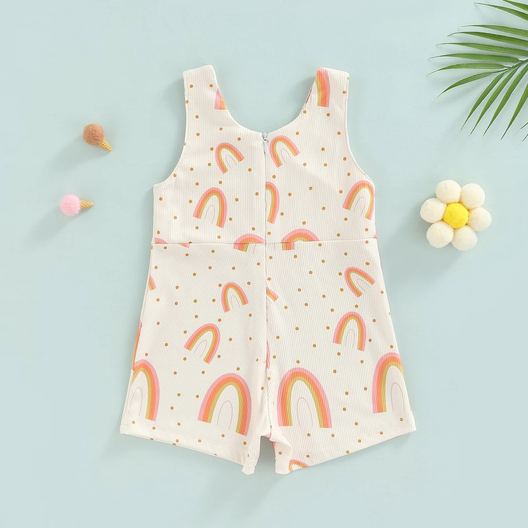 Flat lay of beige ribbed baby romper with rainbow detail and zipper – soft and breathable – beekaaboo.com