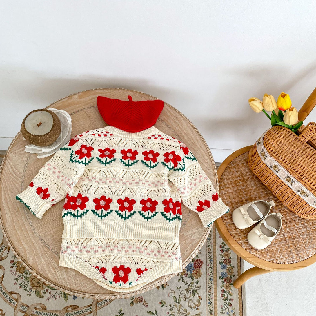 Matching floral knit baby cardigan and romper in red – mix and match outfit option back side – beekaaboo.com

