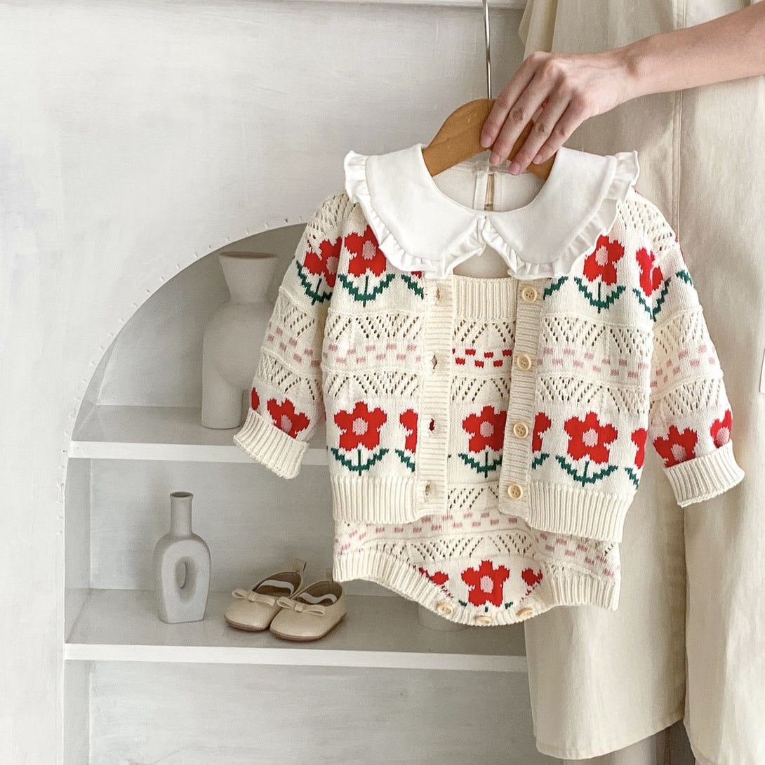 Matching floral knit baby cardigan and romper in red – mix and match outfit option – beekaaboo.com
