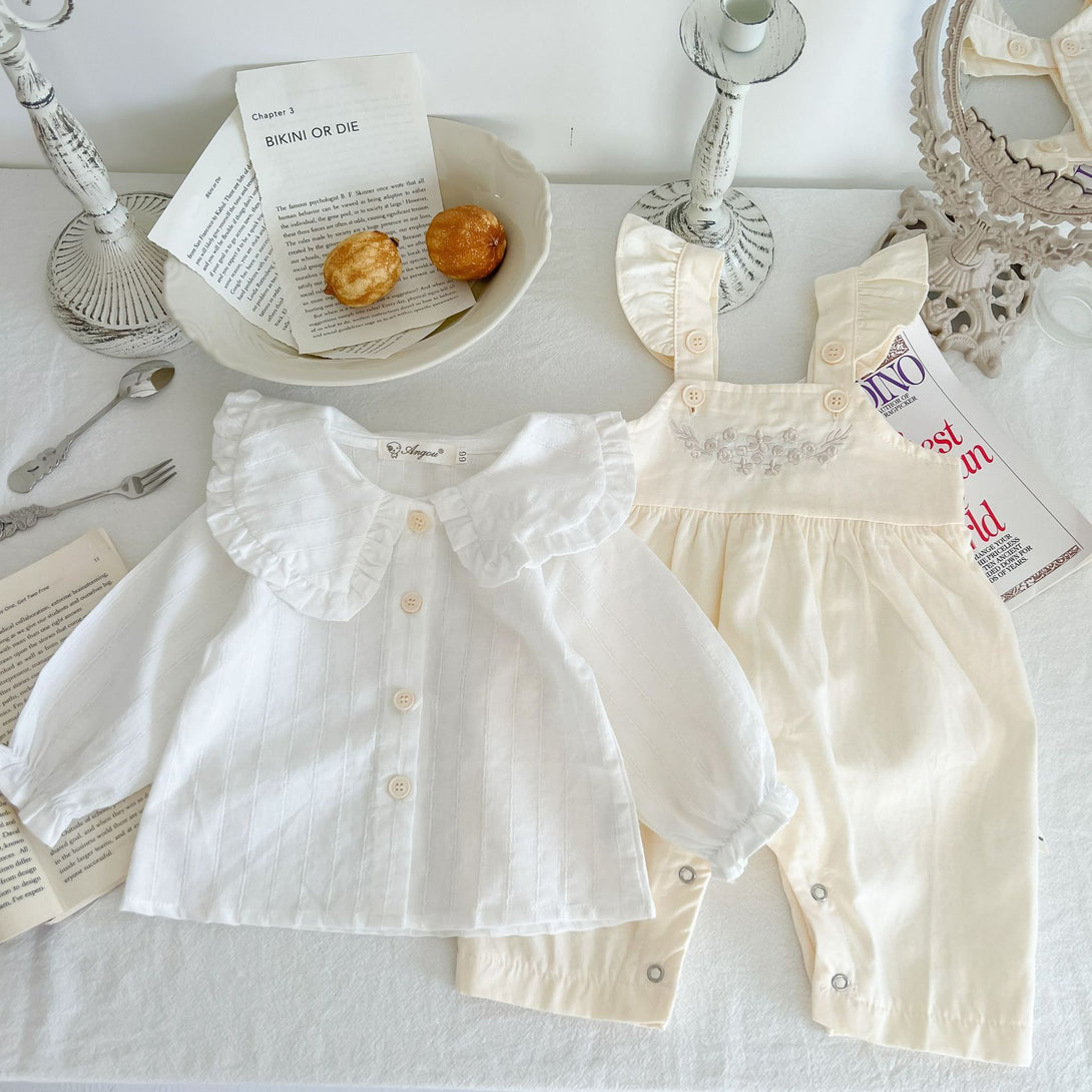 Baby romper and shirt set laid side by side – cotton fabric and charming style – beekaaboo.com