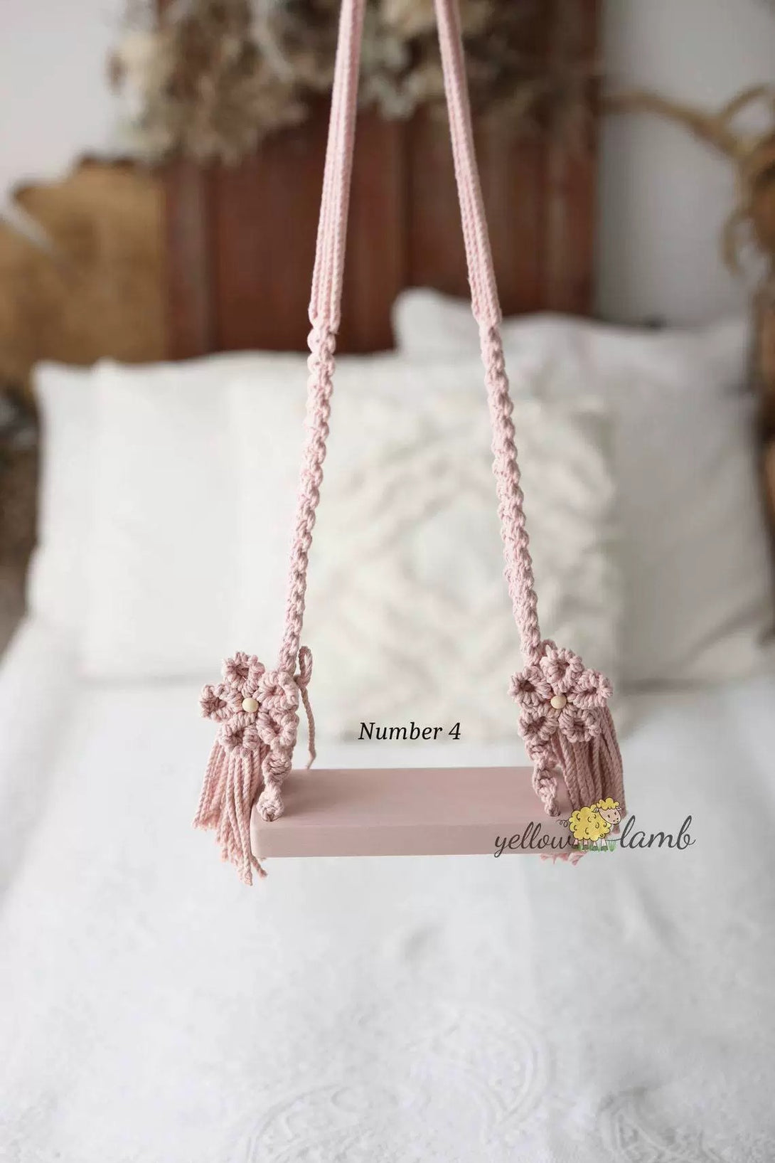 Baby pink version of wooden swing photo prop – perfect for girls’ milestone pictures – beekaaboo.com