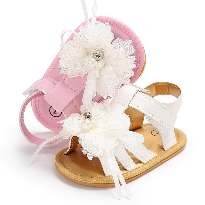 Top view of baby girl leather sandals with floral detail – perfect for summer – beekaaboo.com