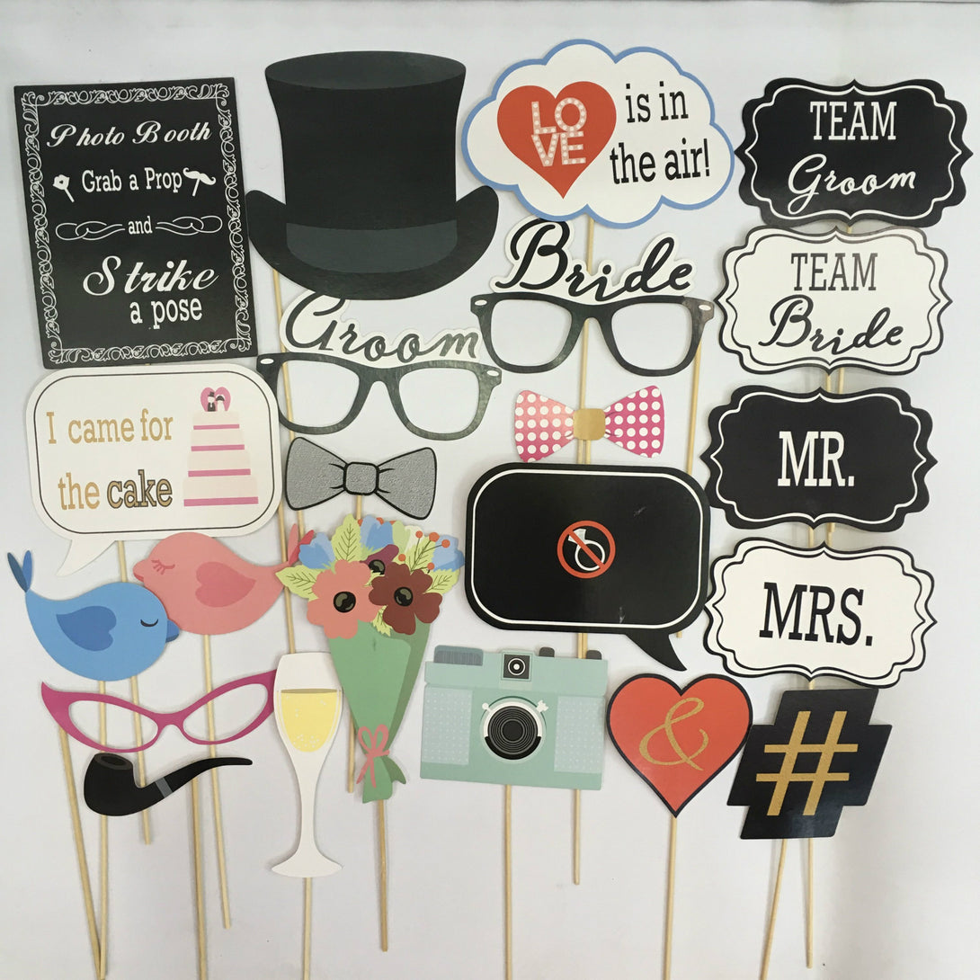 22-piece wedding photo props set including lips, signs, mustaches, and glasses – perfect for bridal photo booths – beekaaboo.com