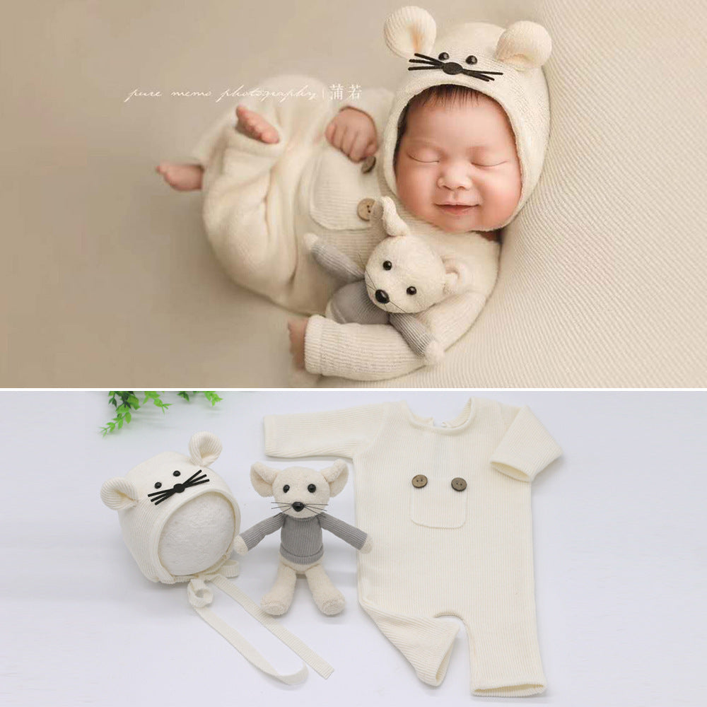 White 3-piece soft knitted set for baby photography – includes jumpsuit, hat, and doll – beekaaboo.com