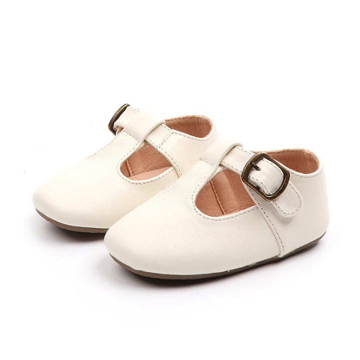 White baby girl dress shoes with high ankle support and soft non-slip sole. Lovely choice for weddings or holidays – beekaaboo.com.
