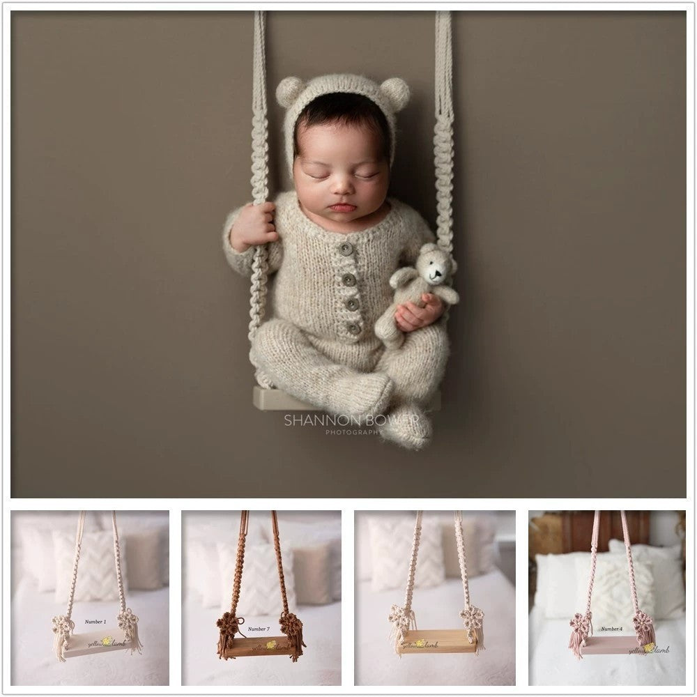 Rustic wooden baby swing prop shown in professional studio photo setup – ideal for newborn photography – beekaaboo.com