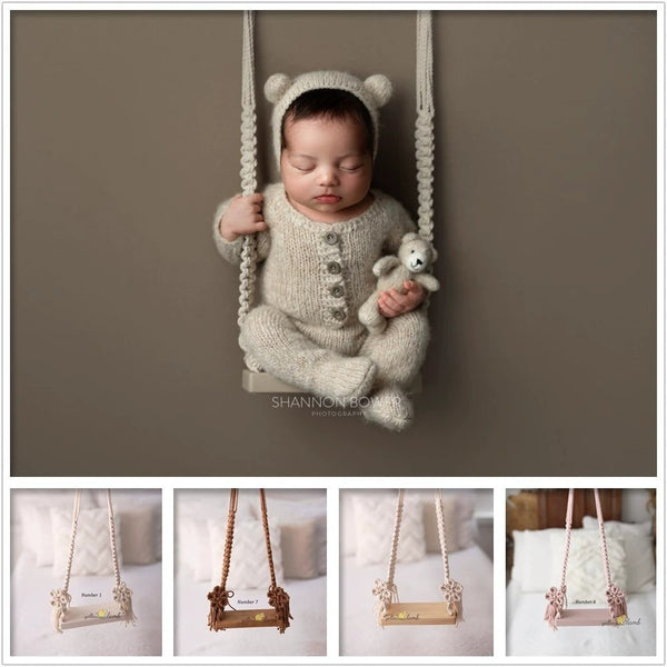 Rustic wooden baby swing prop shown in professional studio photo setup – ideal for newborn photography – beekaaboo.com