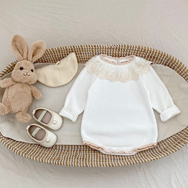 Autumn baby lace collar knitted romper in off white – front flat lay | beekaaboo.com