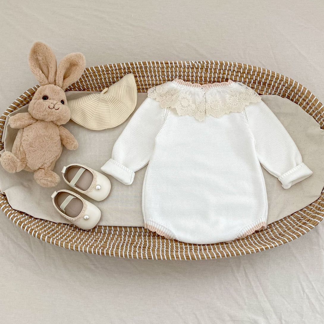 Back view of autumn baby romper with lace collar detail | beekaaboo.com