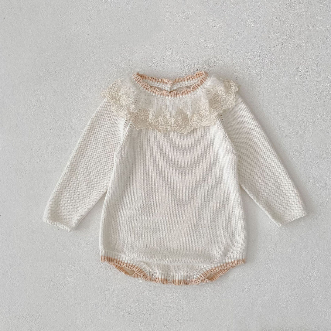 Baby lace collar knitted romper in basket flat lay | beekaaboo.com
