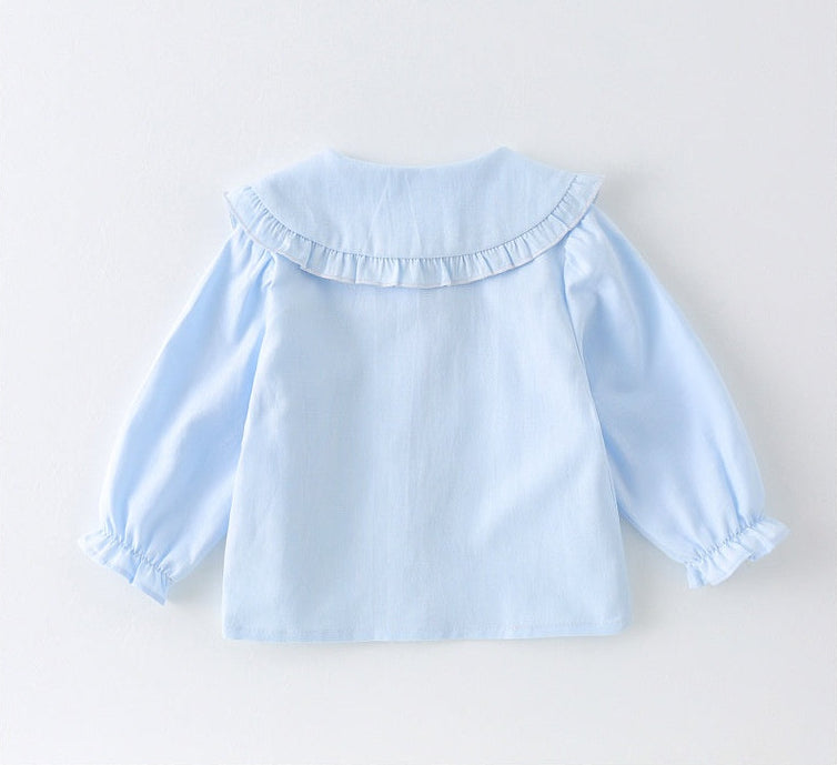 Light blue cotton shirt with embroidered floral collar – sweet everyday wear for baby girls | beekaaboo.com