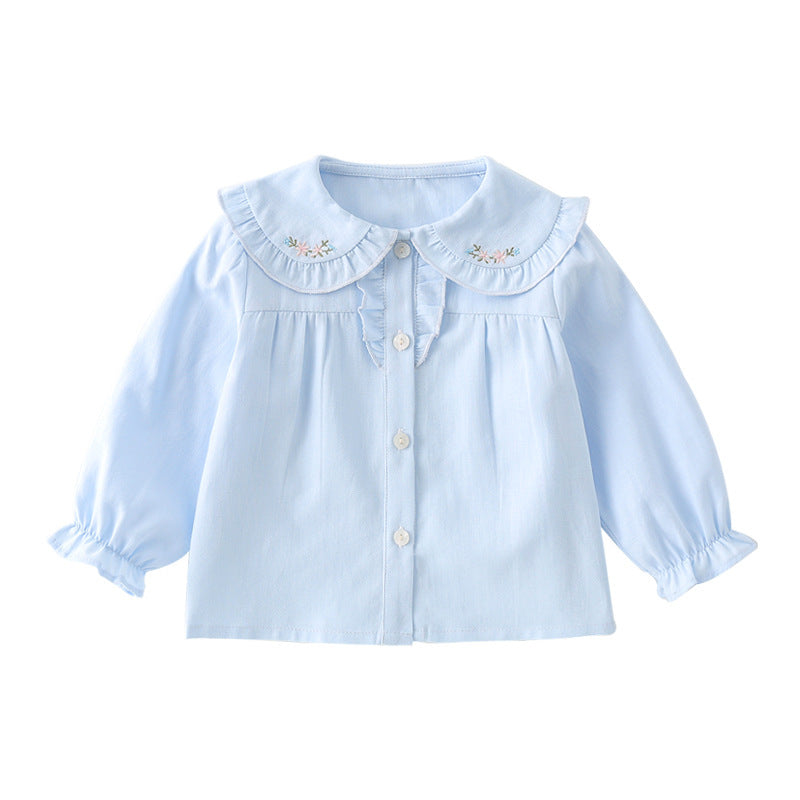 Light blue cotton shirt with embroidered floral collar – sweet everyday wear for baby girls | beekaaboo.com