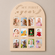 wooden baby first year milestone memory frame with 12 monthly photos beekaaboo.com