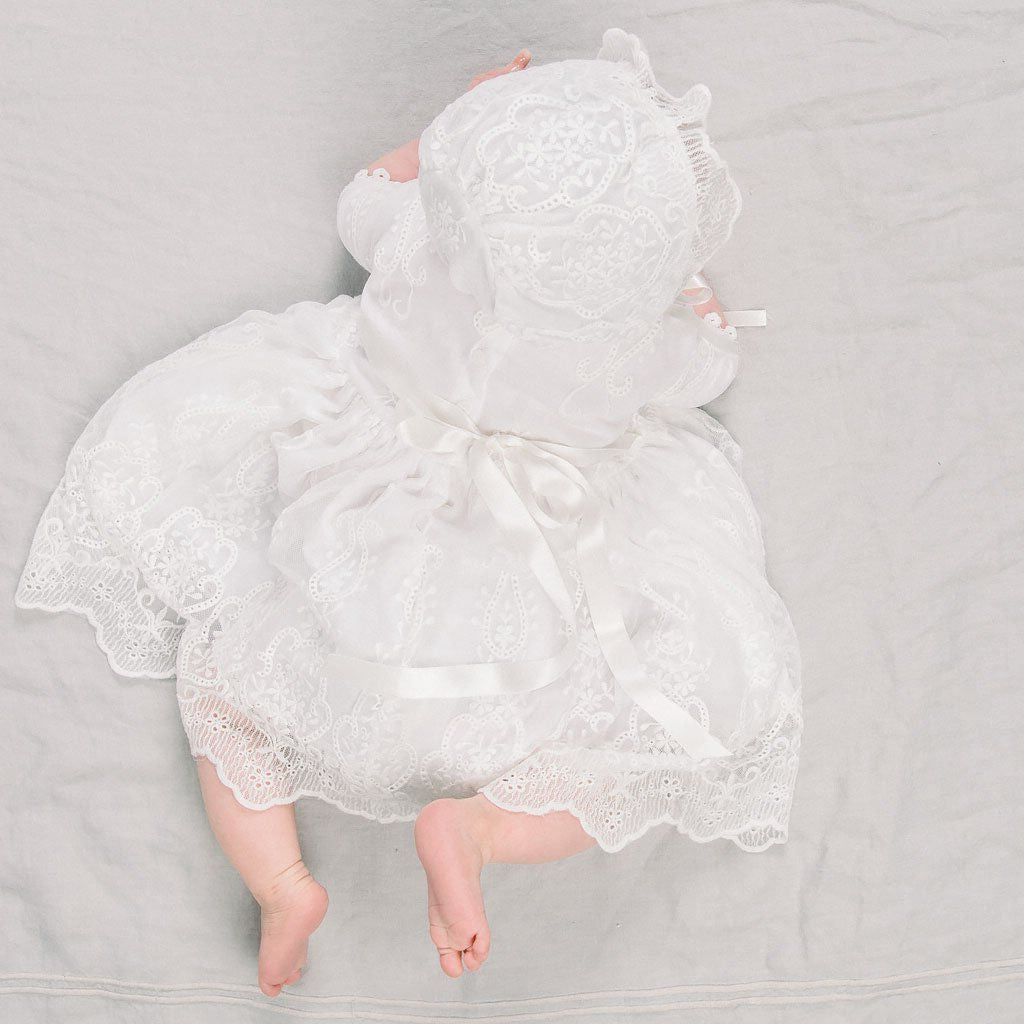 Crawling baby in long sleeve ceremonial dress and bonnet – soft and safe formalwear – beekaaboo.com