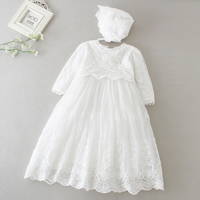 Front view of elegant baby white baptism dress with embroidered lace and scalloped hem – beekaaboo.com