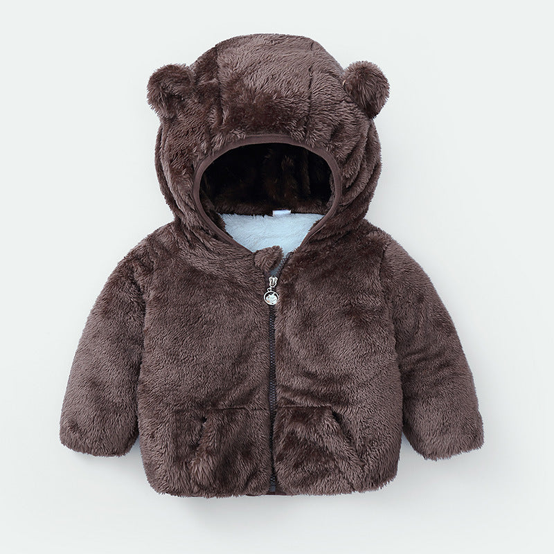 Baby winter padded jacket in coffee with bear ears – beekaaboo.com