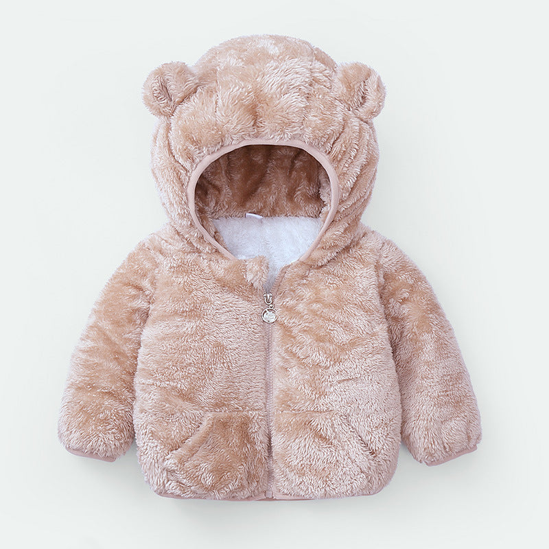 Baby winter padded jacket in brown with bear ears – beekaaboo.com
