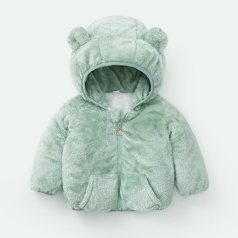 Baby winter padded jacket in Green with bear ears – beekaaboo.com
