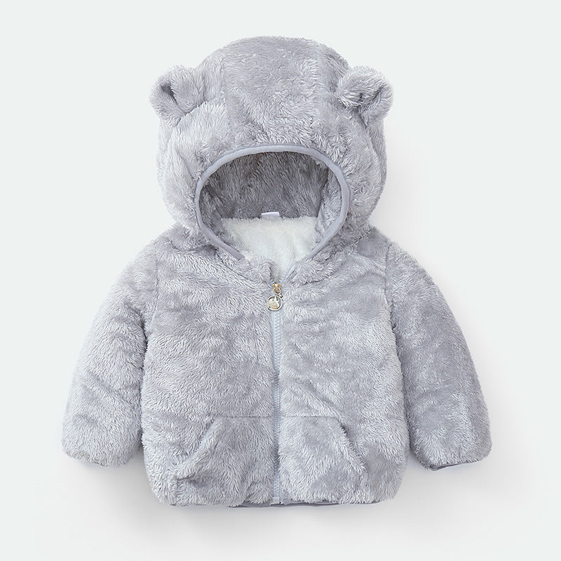 Baby winter padded jacket in grey with bear ears – beekaaboo.com