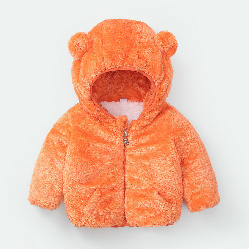 Baby winter padded jacket in orange with bear ears – beekaaboo.com