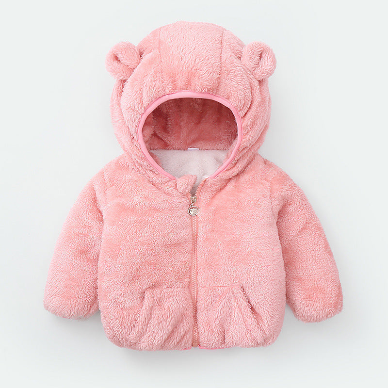 Baby winter padded jacket in pink with bear ears – beekaaboo.com