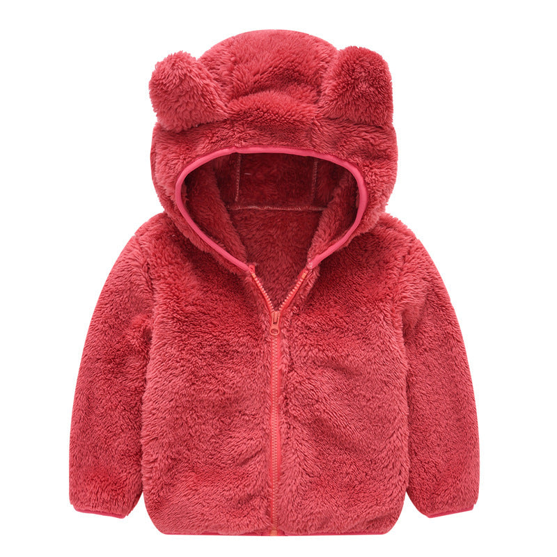 Baby winter padded jacket in red with bear ears – beekaaboo.com