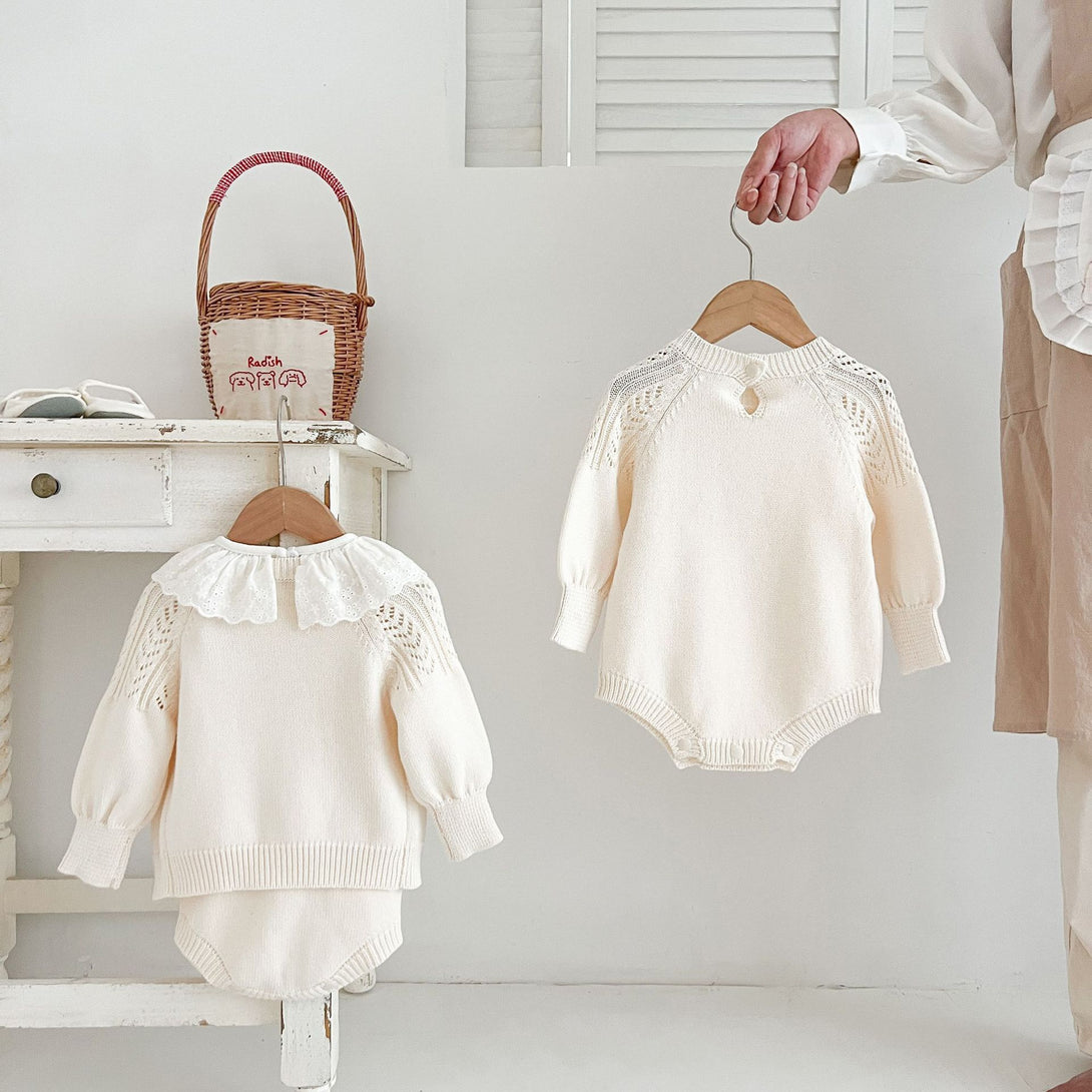 Baby cardigan and romper knit set – ivory neutral cotton – beekaaboo.com