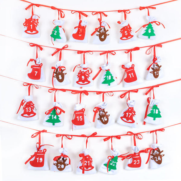 Set of 24 hanging Christmas countdown gift bags with red ribbons – festive home decor – beekaaboo.com