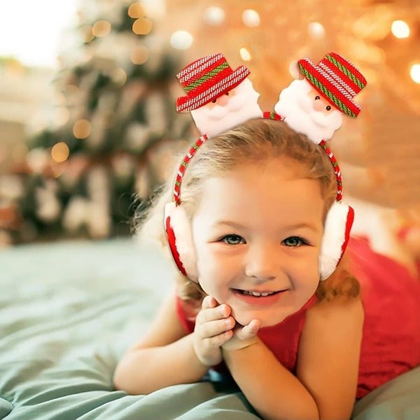 Little girl wearing Santa Christmas Headband Earmuffs – beekaaboo.com