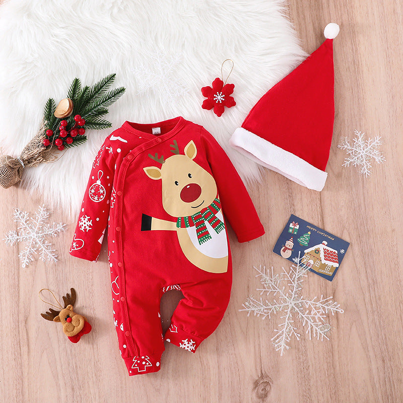Red Christmas baby romper with reindeer print and Santa hat – cute festive outfit – beekaaboo.com
