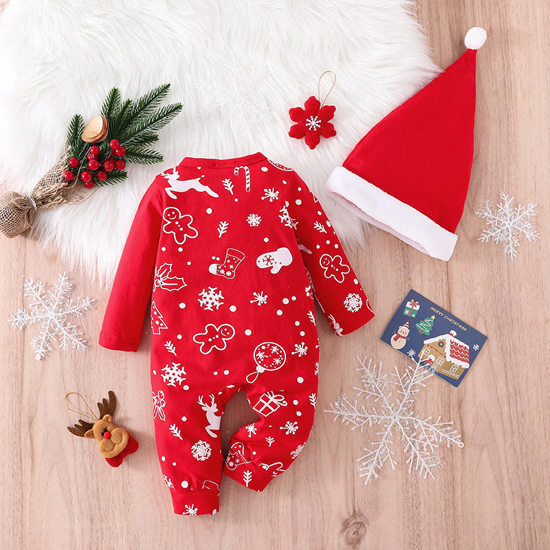 Back view of Christmas romper with snowflake and gingerbread prints – festive baby clothing – beekaaboo.com