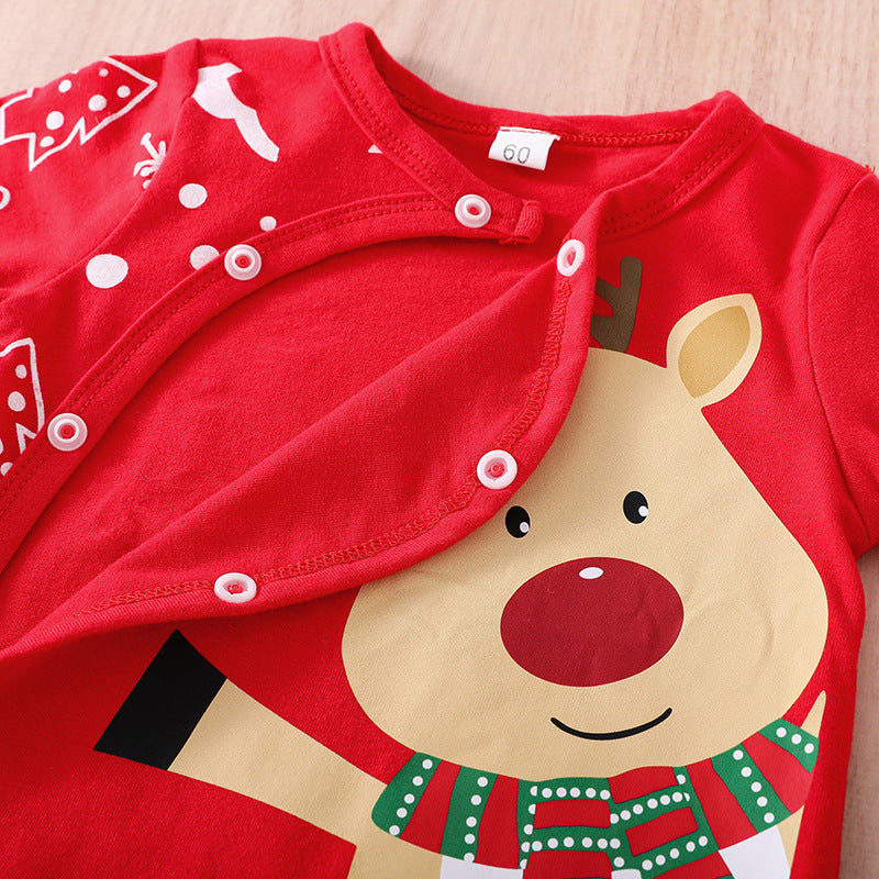 Close-up of reindeer face on cotton fabric – holiday baby romper – beekaaboo.com