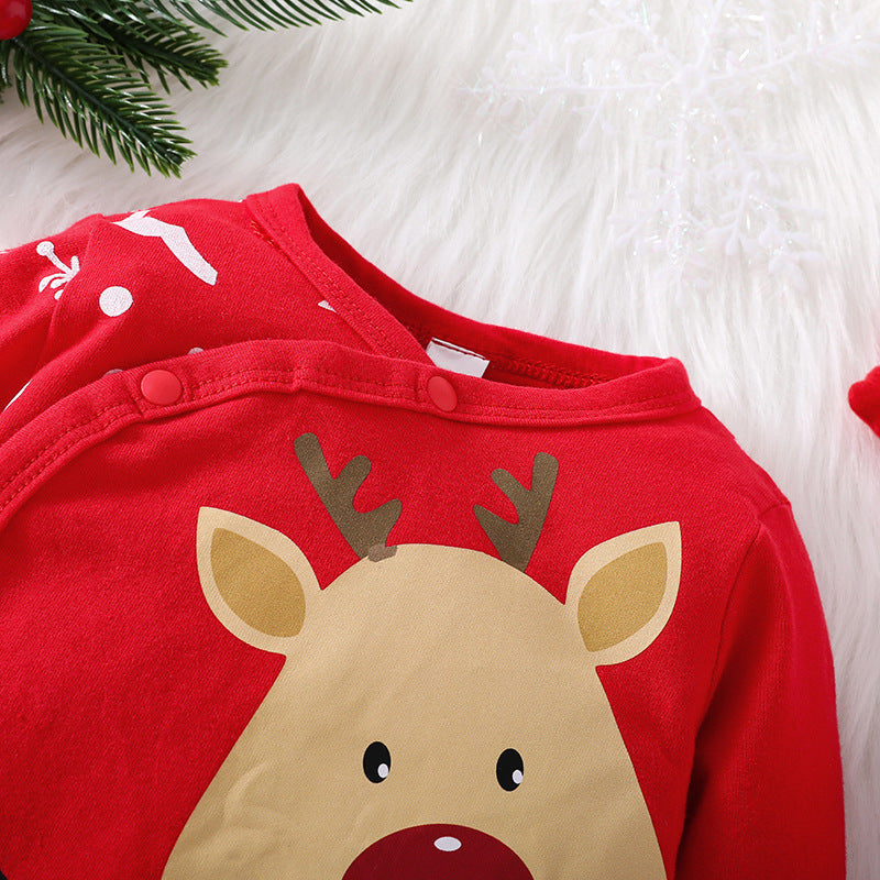 Shoulder snap-button detail and neckline stitch – festive red baby romper – beekaaboo.com