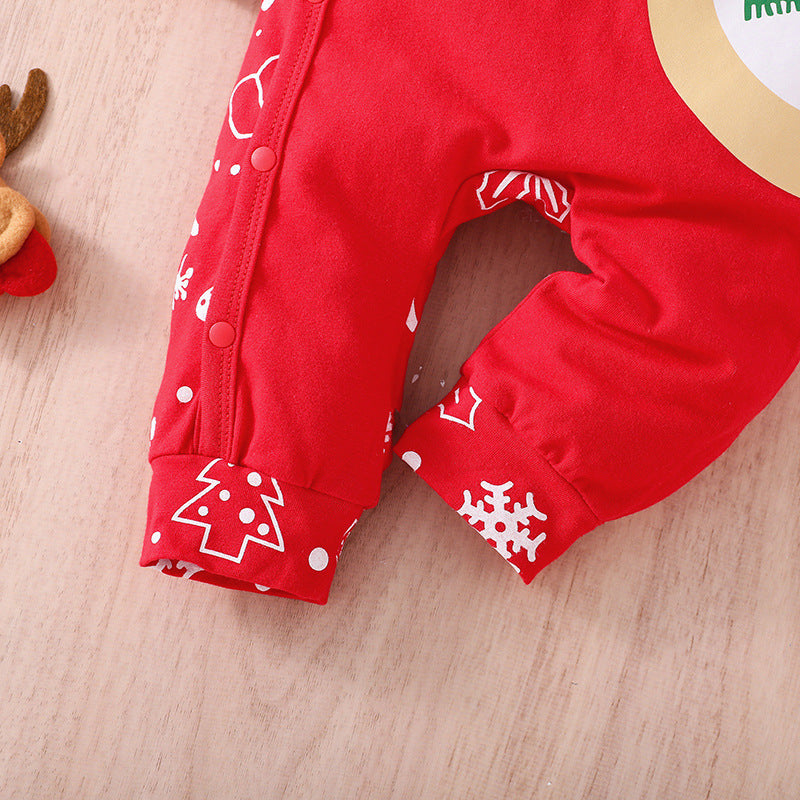 Detailed view of cuffs and snap buttons – red cotton Christmas romper – beekaaboo.com