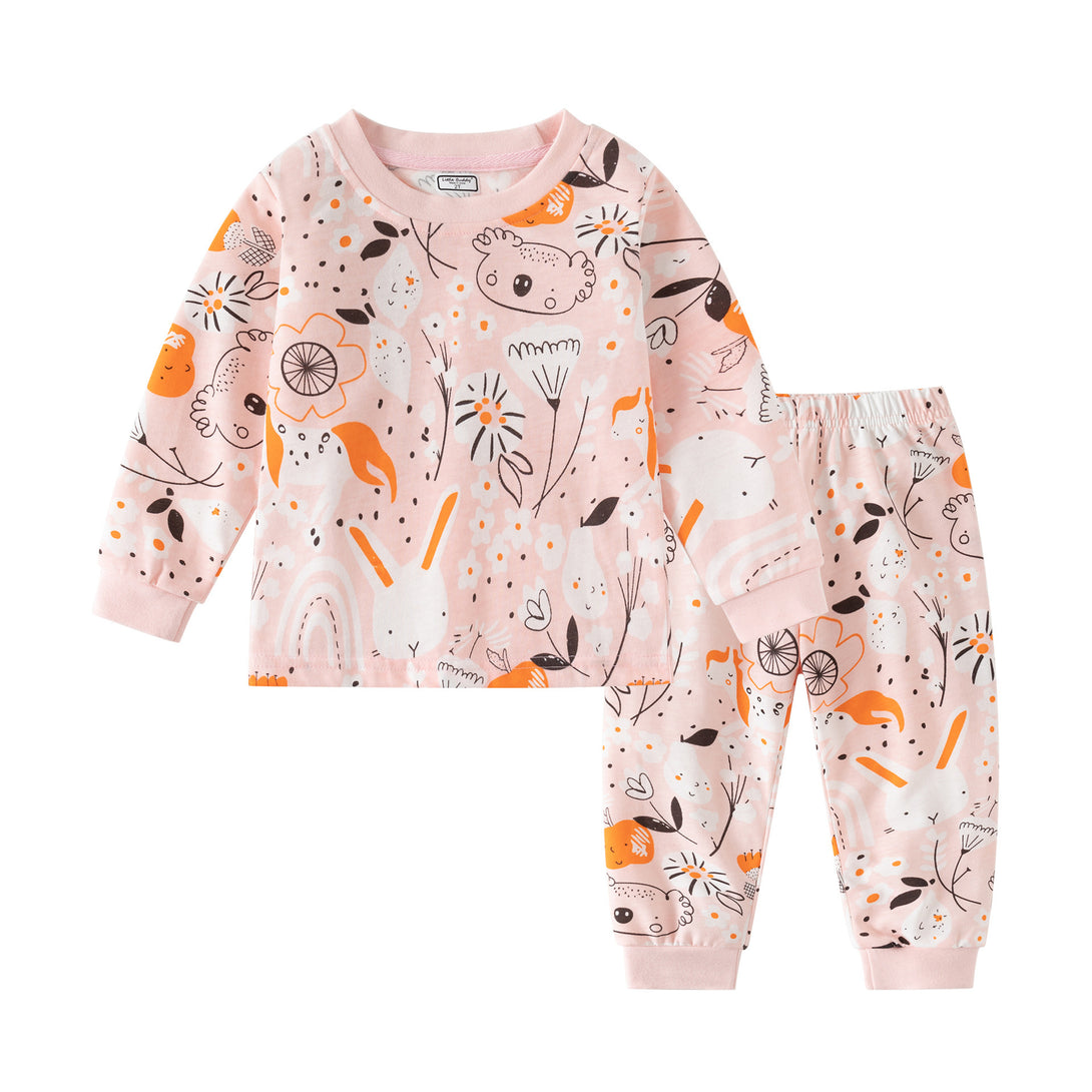 Soft cotton two-piece outfit with floral and animal print – full front view – beekaaboo.com