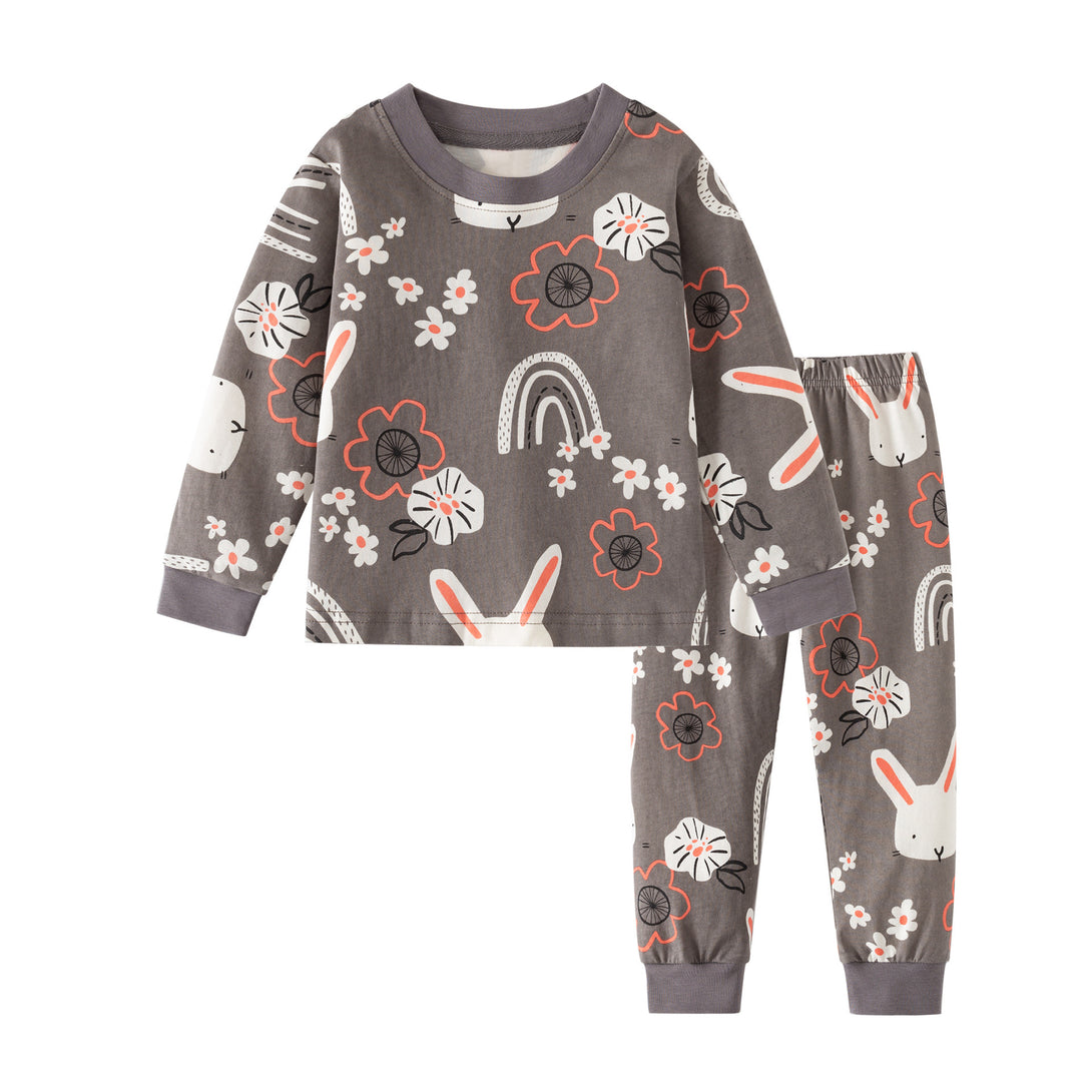Gray version of cotton floral outfit with bunny and rainbow print – beekaaboo.com