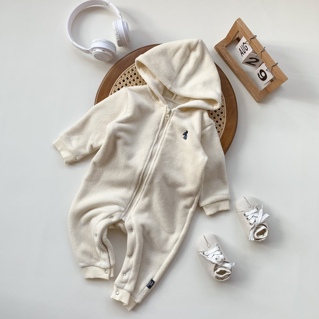 Beige fleece romper for babies – soft hooded jumpsuit made of Australian fleece – cozy winter outfit – beekaaboo.com