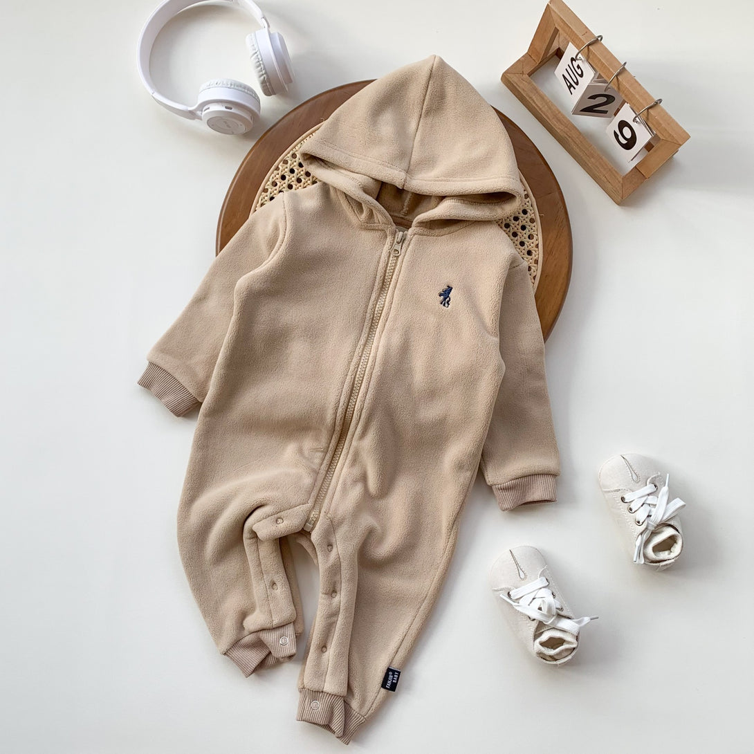 Khaki fleece romper for babies – warm and comfy zip-up jumpsuit with hood – perfect for autumn and winter – beekaaboo.com