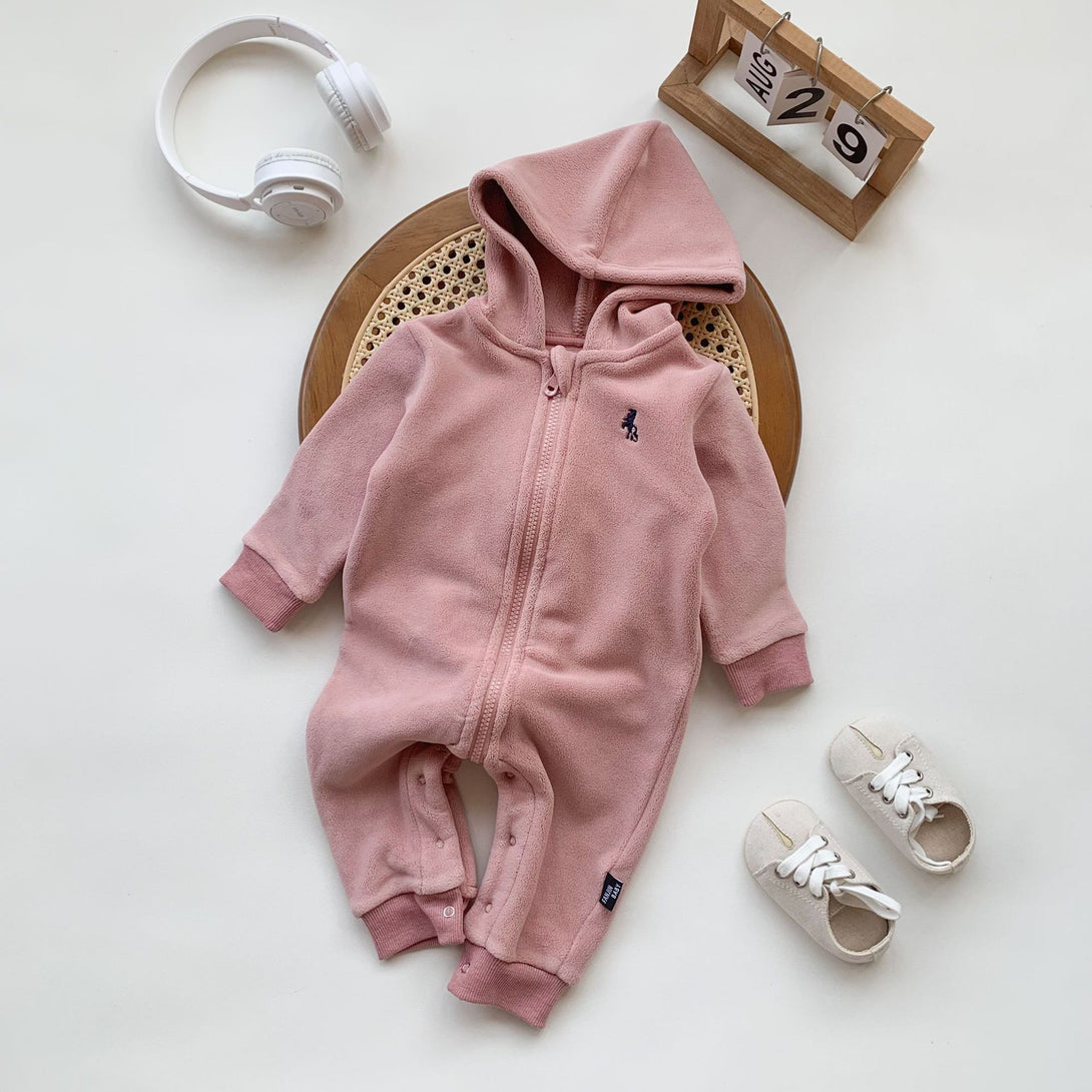 Pink hooded fleece romper for baby girls – cute and cozy zip-up outfit for cold days – beekaaboo.com