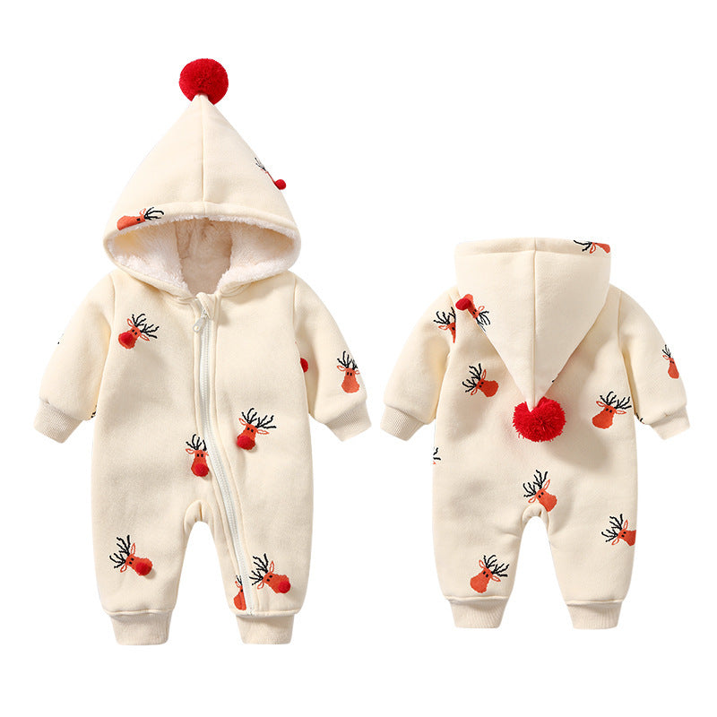 Front and back view of cream fleece-lined baby jumpsuit – soft cotton winter outfit – beekaaboo.com