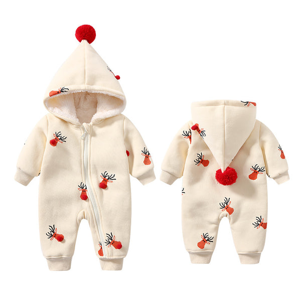 Front and back view of cream fleece-lined baby jumpsuit – soft cotton winter outfit – beekaaboo.com
