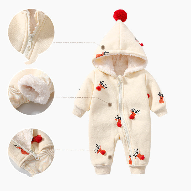Close-up of zipper, fleece lining, and reindeer embroidery – warm baby jumpsuit – beekaaboo.com