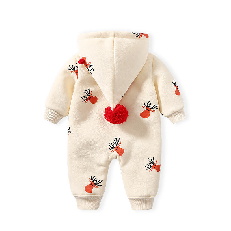 Cream baby jumpsuit with red pom-pom hood and reindeer embroidery – cozy winter romper – beekaaboo.com