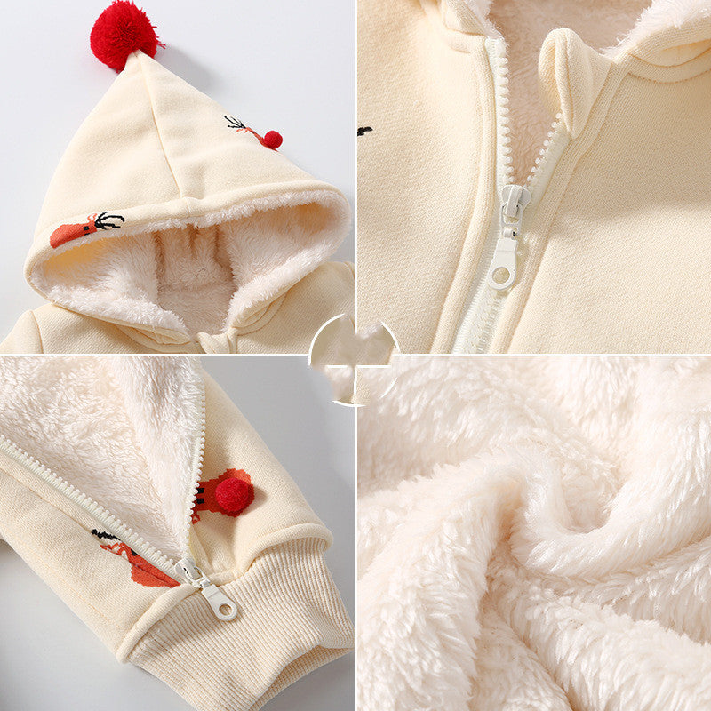 Detailed view of plush inner lining and pom-pom hood – baby reindeer jumpsuit – beekaaboo.com