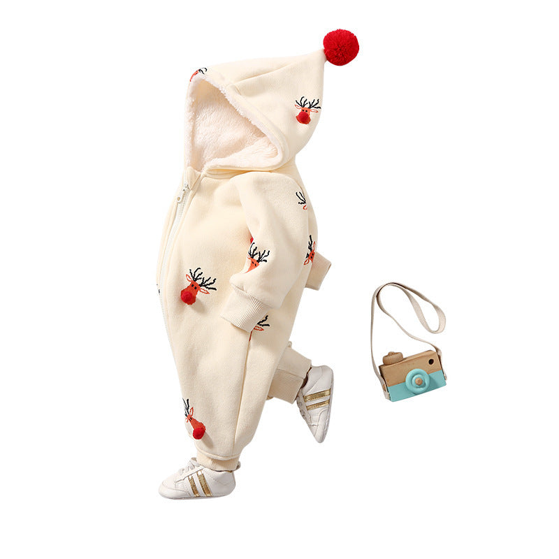 Cream fleece baby jumpsuit with hood and red pom-pom – Christmas baby romper – beekaaboo.com