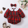 Baby red plaid cotton romper with matching bow headband – beekaaboo.com