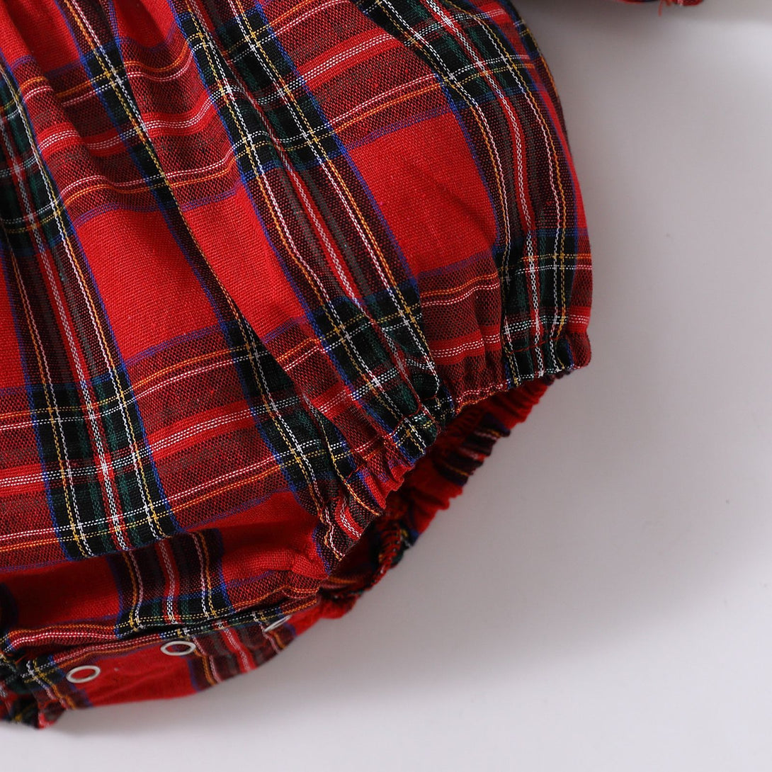 Fabric and gathering detail of the red plaid cotton romper – beekaaboo.com