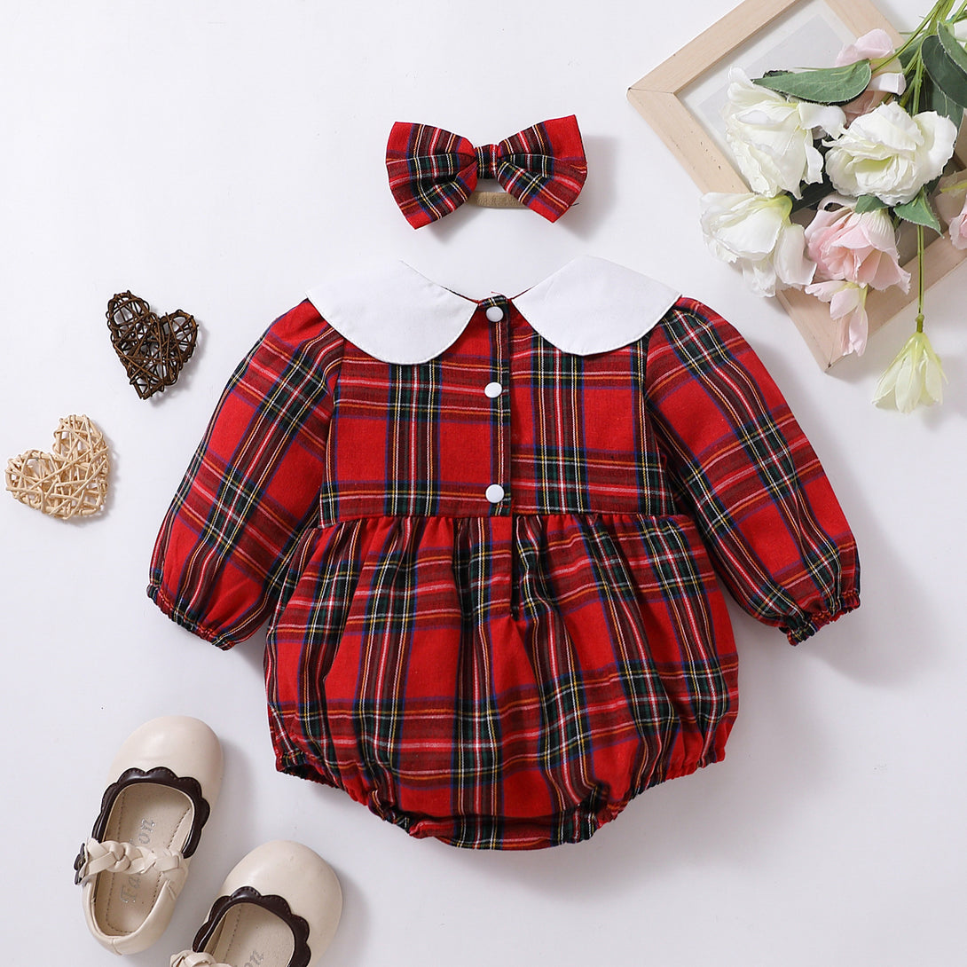 Red plaid baby romper and bow headband flatlay – beekaaboo.com